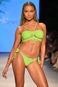 AMAZONIA - Drawstring Halter Peek A Boo Cropped Top & Seamless Ruched Back Brazilian Tie Side Bottom • Wild Lime Runway