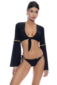 LULI CHIC - Bell Sleeve Crop Top & Seamless Wavy Ruched Back Brazilian Tie Side Bottom • Black