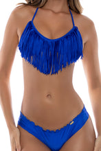 COSITA BUENA - Fringe Scoop Halter Top & Wavy Ruched Back  Bottom • Electric Blue