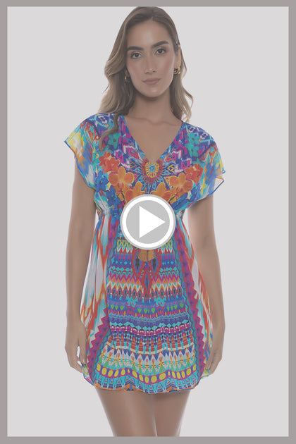 TRIBAL BEACH - Cap Sleeve Short Caftan • Multicolor