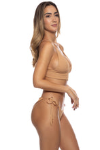 JAGGED BOMBSHELL - Cross Back Bustier Top & Wavy Ruched Back Tie Side Bottom • Caramelo