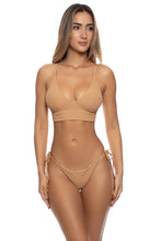 JAGGED BOMBSHELL - Cross Back Bustier Top & Wavy Ruched Back Tie Side Bottom • Caramelo