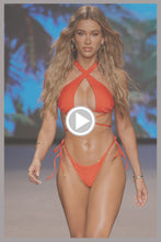 HOT TROPICS - Cross Halter Top & Seamless Wavy Ruched Back Tie Side Bottom • Lava Red Runway