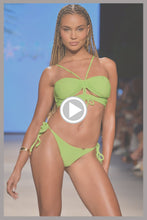 AMAZONIA - Drawstring Halter Peek A Boo Cropped Top & Seamless Ruched Back Brazilian Tie Side Bottom • Wild Lime Runway