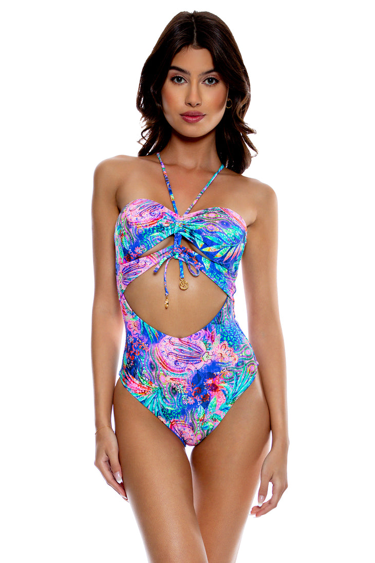 JUNGLE FEVER - Drawstring Halter Cut Out One Piece • Multicolor