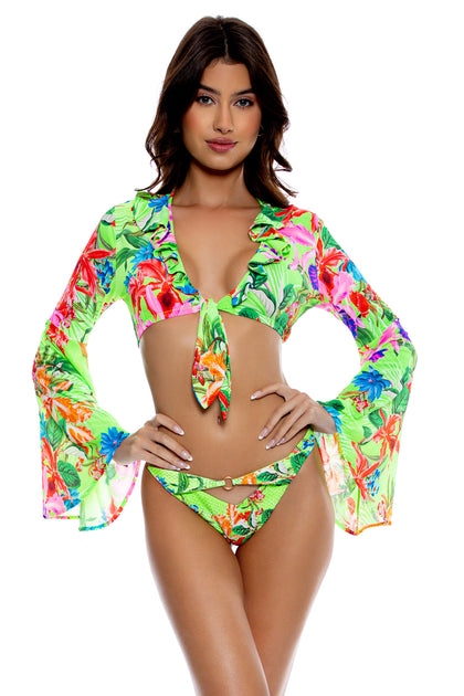 LULI TROPICS - Bell Sleeve Crop Top & High Leg Peek A Boo Ring Bottom • Multicolor