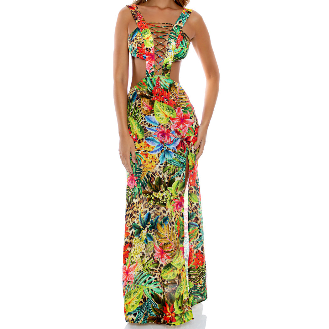LUSH HORIZONS - Laced Up Plunging V Neck Maxi Dress  Luli Fama Miami