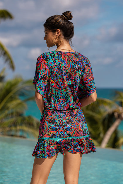 QUE LINDA - Playera V Neck Ruffle Dress • Multicolor