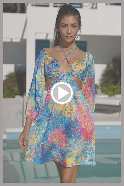 DECO GARDENS - Halter Long Sleeve Cut Out Short Dress • Multicolor