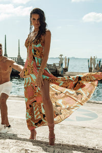 MIAMI DAYDREAM - Chain Bralette Side Slit Maxi Dress • Multicolor