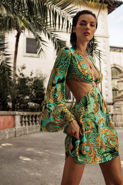 PALM ISLAND - Deep V Ring Cut Out Short Dress • Multicolor