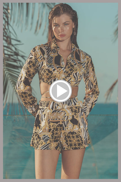 GODDESS VIBES - Collared Wrap Crop Top & Belt Short • Multicolor