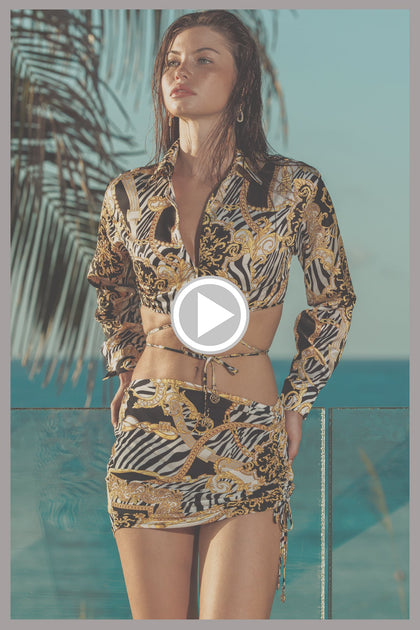 GODDESS VIBES - Collared Wrap Crop Top & Scrunch Up Mini Skirt • Multicolor