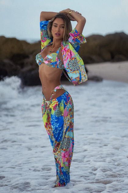 LA COSTA - Short Sleeve Collared Blouse & Elastic Waistband Pant • Multicolor