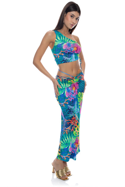 TROPICAL SIREN - One Shoulder Top & Adjustable Shirred Maxi Skirt  • Multicolor