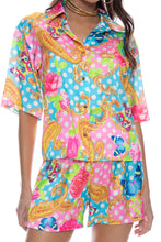 SHE'S CUTE - Collared 3/4 Sleeve Button Up Shirt & Elastic Waistband Short • Multicolor
