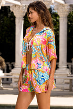 SHE'S CUTE - Collared 3/4 Sleeve Button Up Shirt & Elastic Waistband Short • Multicolor