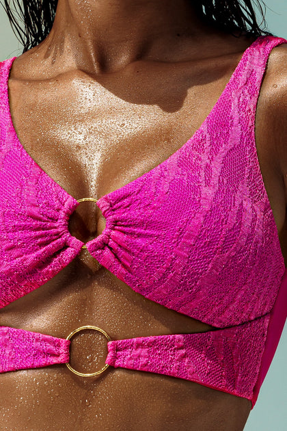 WAVE CHASER - Double Loop Bralette & Seamless Ruched Back Brazilian Tie Side Bottom • Fuchsia