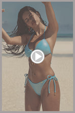 LUMINOUS - Molded Push Up Bandeau Halter Top & Seamless Ruched Back Brazilian Tie Side Bottom • Metallic Blue