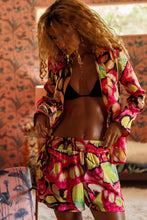 FLUTTER - Button Down Deep Cuff Blouse & High Waist Elastic Shorts • Multicolor