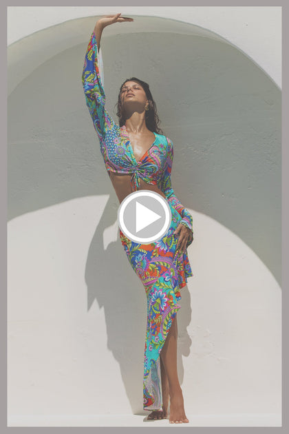 IN THE GROOVE - Bell Sleeve Scrunched Crop Top & Asymmetrical Ruffle Trim Midi Skirt • Multicolor