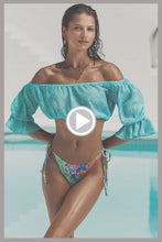 IN THE GROOVE - Off The Shoulder 3/4 Ruffless Sleeve Crop Top & Seamless Reversible Ruched Back Brazilian Tie Side Bottom • Aqua