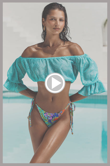 IN THE GROOVE - Off The Shoulder 3/4 Ruffless Sleeve Crop Top & Seamless Reversible Ruched Back Brazilian Tie Side Bottom • Aqua