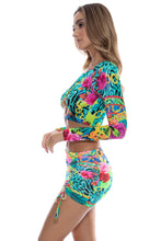 WILD BLOOMS - Peek A Boo Ring Long Sleeve Top & Scrunched Up Mini Skirt • Multicolor