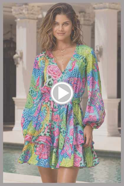 SEAGLASS FANTASY - Long Sleeve Tiereel Ruffle Mini Dress • Multicolor