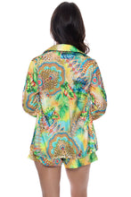 SUN STONES - Button Down Deep Cuff Blouse & High Waist Elastic Shorts • Multicolor