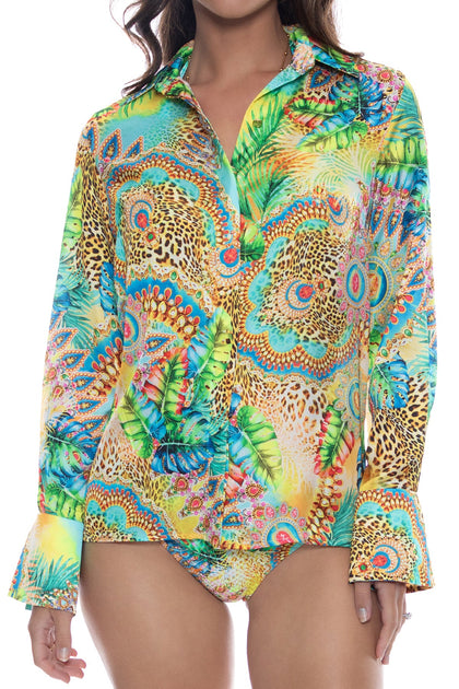 SUN STONES - Button Down Deep Cuff Blouse & High Waist Elastic Shorts • Multicolor