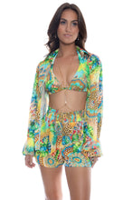 SUN STONES - Button Down Deep Cuff Blouse & High Waist Elastic Shorts • Multicolor