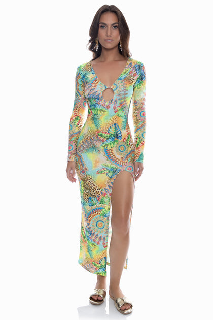 SUN STONES - Long Sleeve Keyhole Cut Out Maxi Dress • Multicolor