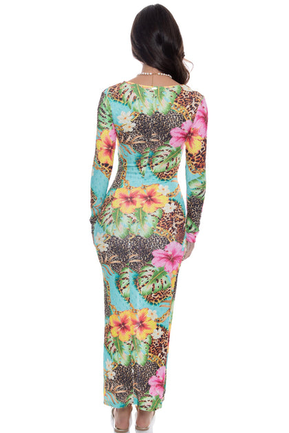 VISIONS OF PARADISE - Long Sleeve Keyhole Cut Out Maxi Dress • Multicolor