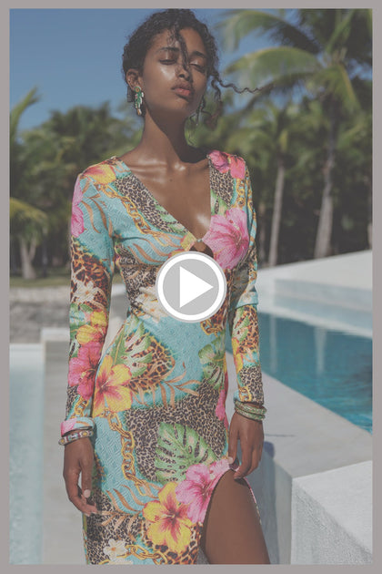 VISIONS OF PARADISE - Long Sleeve Keyhole Cut Out Maxi Dress • Multicolor