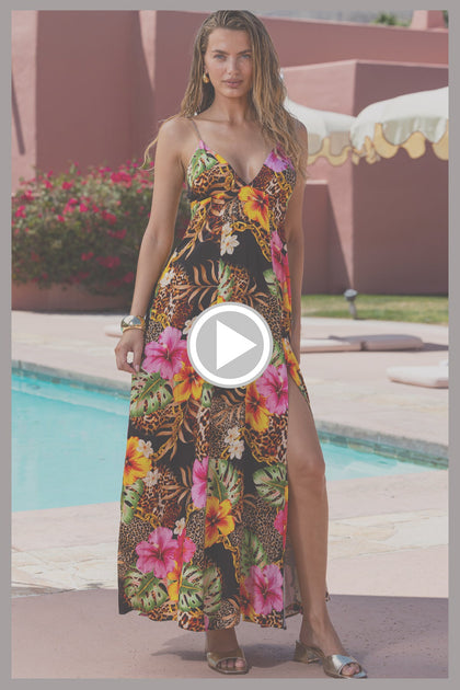 VISIONS OF PARADISE - Chain Bralette Side Slit Maxi Dress • Multi Black