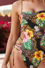 VISIONS OF PARADISE - Chain Square Neck Laced Up One Piece • Multi Black