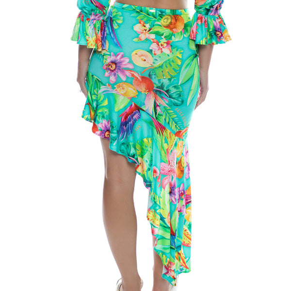 CARIBBEAN FANTASY - Asymmetrical Ruffle Trim Midi Skirt