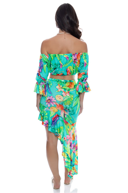CARIBBEAN FANTASY - Off The Shoulder 3/4 Ruffless Sleeve Crop Top & Asymmetrical Ruffle Trim Midi Skirt • Multicolor
