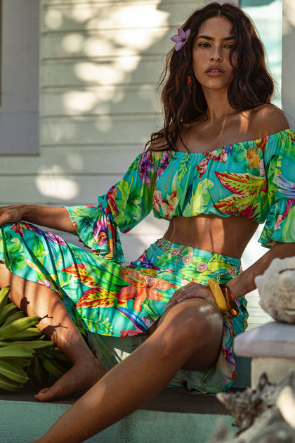 CARIBBEAN FANTASY - Off The Shoulder 3/4 Ruffless Sleeve Crop Top & Asymmetrical Ruffle Trim Midi Skirt • Multicolor