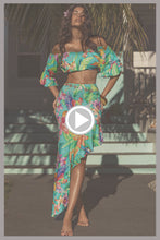 CARIBBEAN FANTASY - Off The Shoulder 3/4 Ruffless Sleeve Crop Top & Asymmetrical Ruffle Trim Midi Skirt • Multicolor