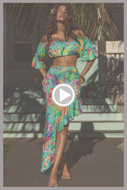 CARIBBEAN FANTASY - Off The Shoulder 3/4 Ruffless Sleeve Crop Top & Asymmetrical Ruffle Trim Midi Skirt • Multicolor
