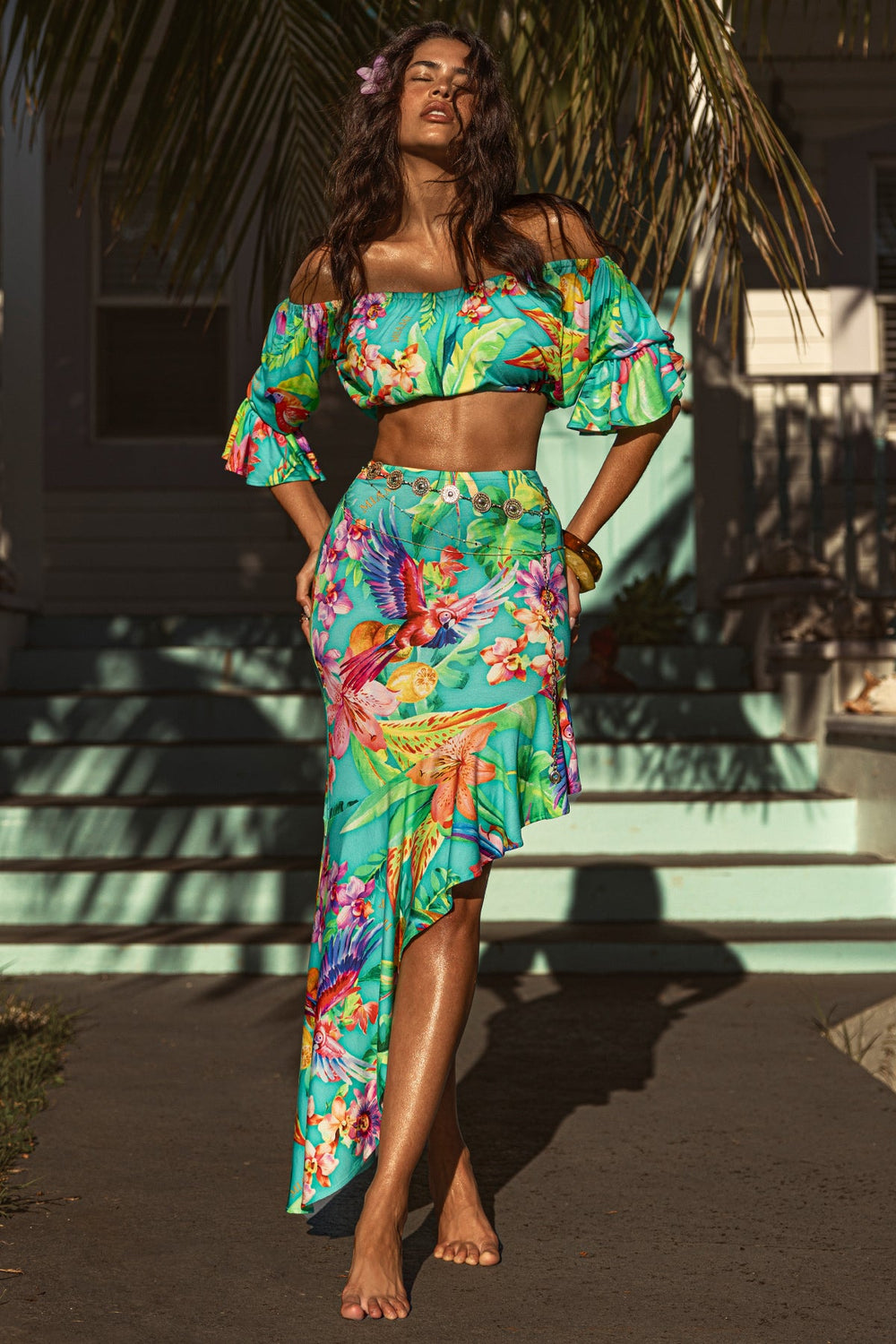 CARIBBEAN FANTASY - Off The Shoulder 3/4 Ruffless Sleeve Crop Top & Asymmetrical Ruffle Trim Midi Skirt • Multicolor