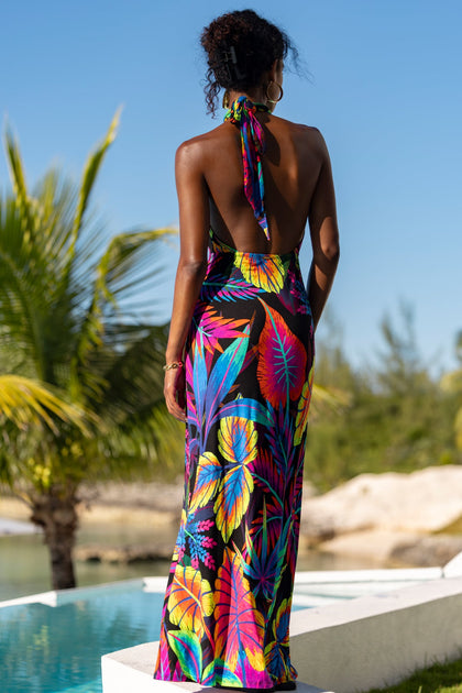 NEON NIGHTS - Halter Neck Cut Out Long Dress • Multicolor