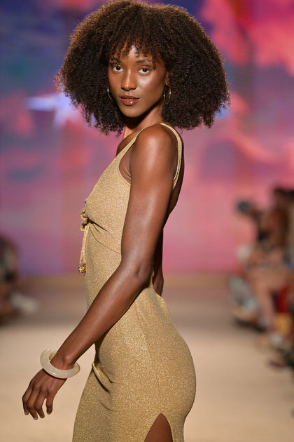 GOLDEN SUNSET - Drawstring Peek A Boo Maxi Dress • Gold Runway