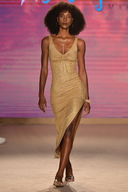 GOLDEN SUNSET - Drawstring Peek A Boo Maxi Dress • Gold Runway