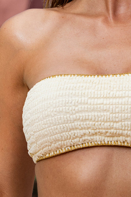 WHITE SANDS - Luxe Stitch Free Form Bandeau Top & High Side Slit Mini Skirt • Ivory