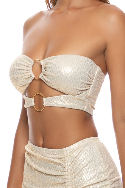 LIQUID VOLTAGE - Double Loop Bandeau Crop Top  & Scrunch Up Mini Skirt • Gold