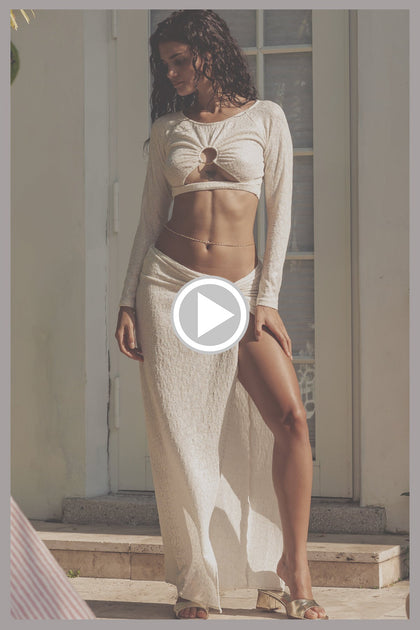 SUNLIT OASIS - Peek A Boo Ring Long Sleeve Top & Twist Front Skirt • Cream