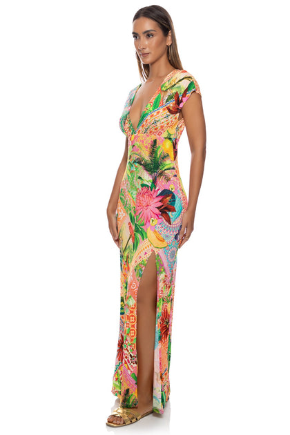 OPULENT EDEN - Cap Sleeve Long Dress • Multicolor